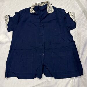 Vintage Navy Blue Short Sleeve Blouse  Lace Trimmed collar and cuffs retro
